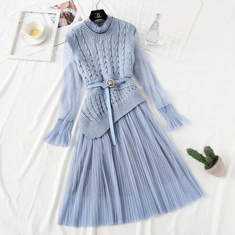 

Woman Dress 2019 Spring Summer Korean Mesh Dress Elegant Sweater Pleated Ladies Dresses Midi Beach Vestido De Fiesta KJ2031