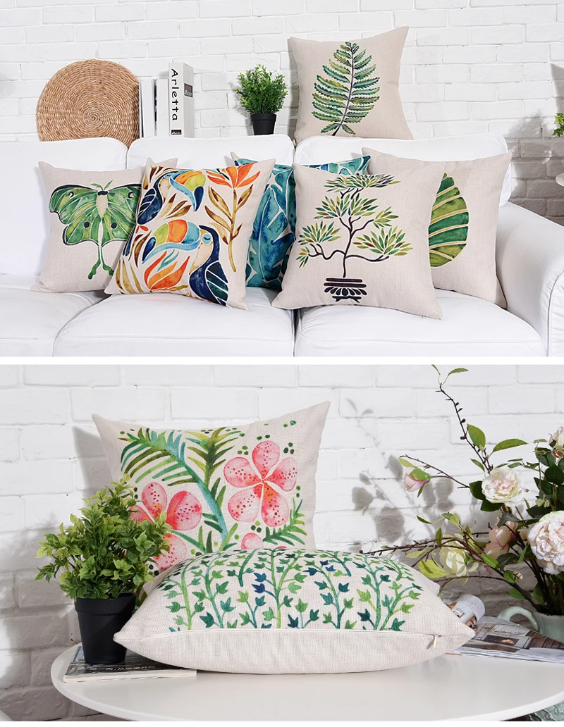Square Tropical Plant Cotton Linen Cushion Cover Sofa Decorative Throw Pillow Car Chair Home Decor Pillow Case almofadas (13)