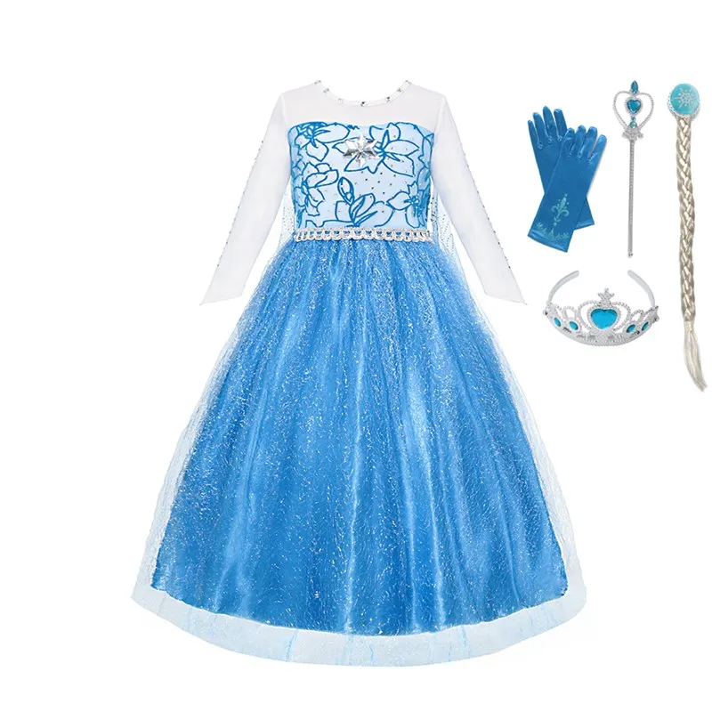 VOGUEON Girls Elsa Dress up Long Sleeve Mesh Snow Queen Elza Princess Costume with Train Halloween Kids Cosplay Party | Детская одежда