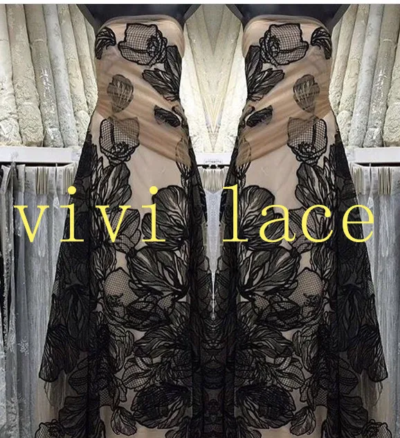 

FF001 new fashion show luxury black french embroidery apricot tulle mesh lace fabric for wedding/evening dress/party,