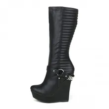 Black High Heel Wedge Boots For Women Knee High Pointed Toe High Heel Boots Long Dress Boots Women Boots 2016 New