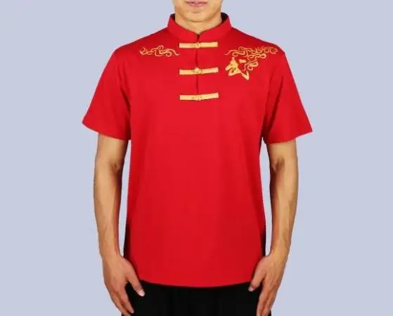 Высококачественные хлопковые летние рубашки с короткими рукавами для мальчиков и девочек, кунг-фу, Тай-Чи, костюм Ушу, Тай-Чи, красный/черный/белый - Цвет: red