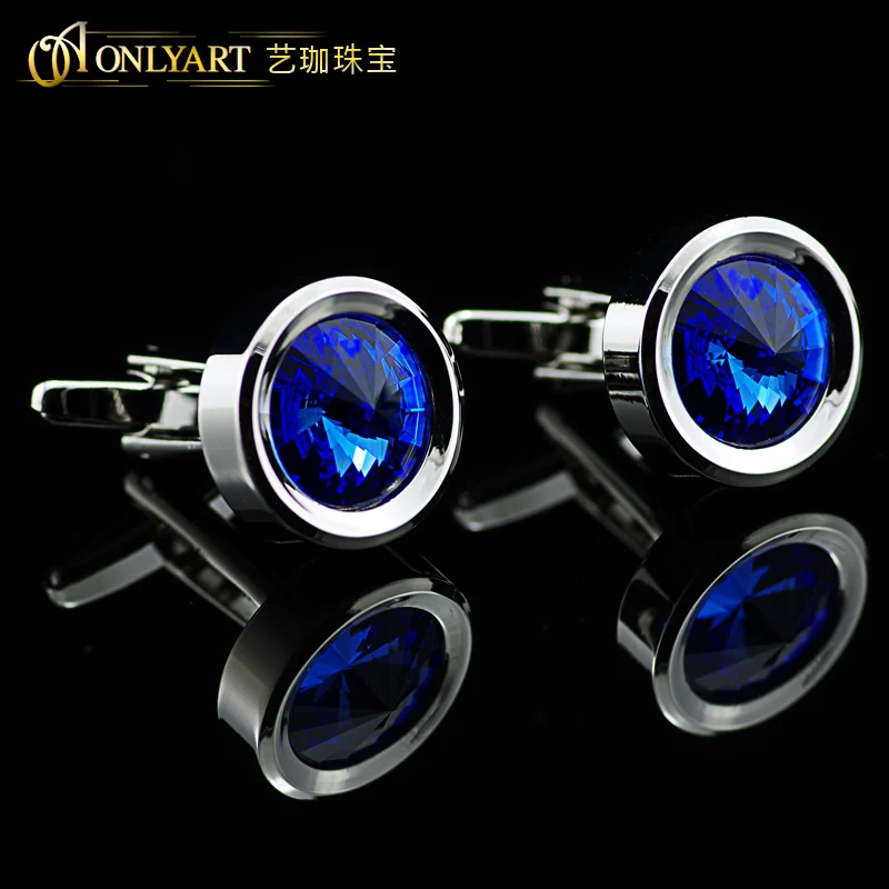 

Blue Crystal men cufflink man accessory round silver cufflinks for shirts fashion design OnlyArt free shipping