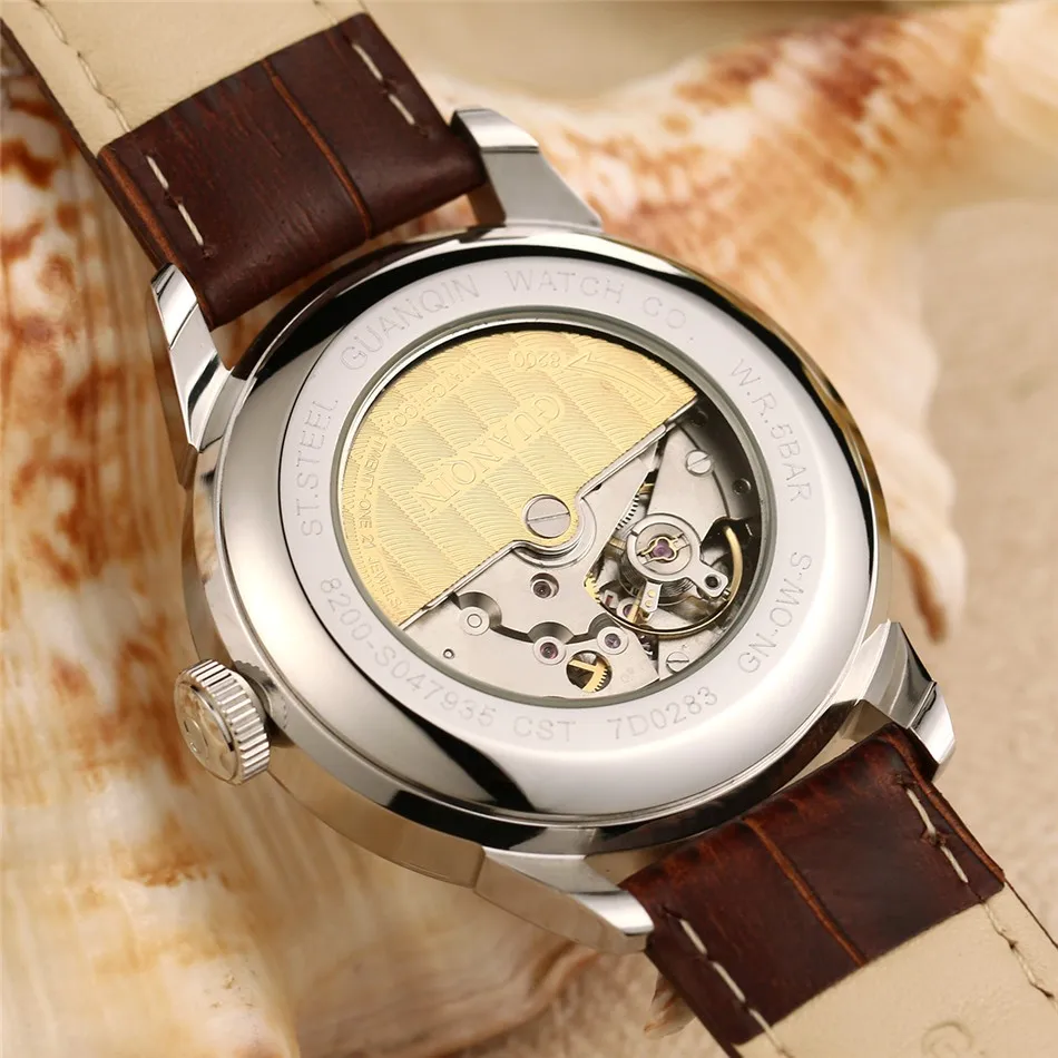 GUANQIN Mens watch Luxury Automatic Watch Men Mechanical Movement Wristwatches Waterproof Watches Top Brand White Day Display