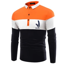 2017 Real Patchwork Streetwear Turn-down Collar Cotton New Color Male Polo Shirt Mens Long Sleeve T-shirt Lapel