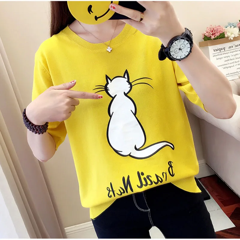 

Short Sleeve Knitted Cute Cat Women Pullover Tops Summer O-Neck Wholesale Round Neck Printed Sweaters Causal Pullovers Girls