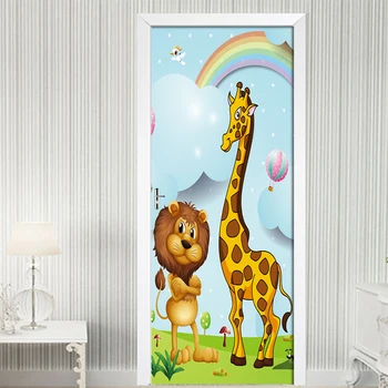 

Cartoon Animal Lion Giraffe 3D Door Sticker Murals PVC Self-Adhesive Waterproof Wall Stickers Wallpaper Decals Home Decor Poster