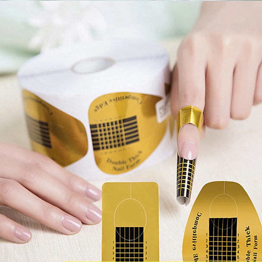 

Nail Extension Form Sticker 500Pcs French Nail Polish UV Gel Acrylic Tip Golden DIY Salon Horseshoe Shape Curl Nail Art Guide