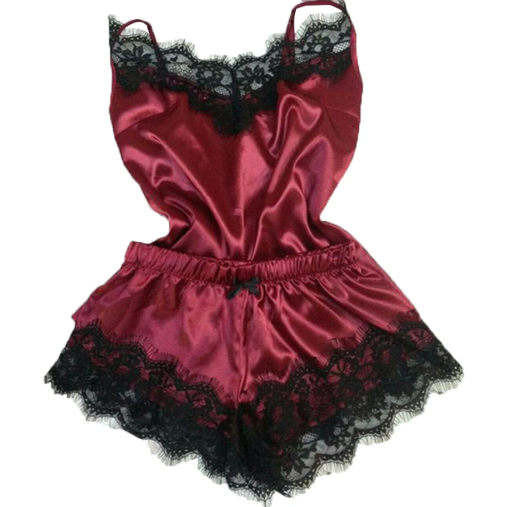 

Women Nightwear Set Sexy Top Shorts Lace Satin Sleepwear V Neck Pajamas Sling