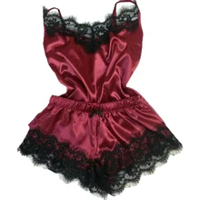 Women Nightwear Set Sexy Top Shorts Lace Satin Sleepwear V Neck Pajamas Sling black sexy v neck lace details padded pajamas set