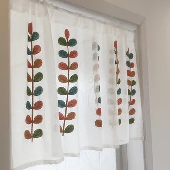 

White Half Curtain Colorful Embroidery of Leaves Coffee Yarn Pure Short Curtain for Bar Kitchen Cabinet Door Children's Room