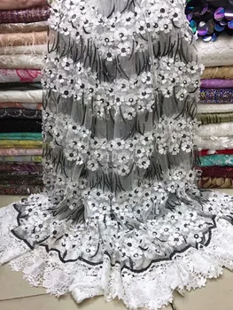 

White Black Handmade Beaded Lace Fabric, 3D Lace Fabric For Nigeria Women, African Fabrics High Quality Wedding Party Dress