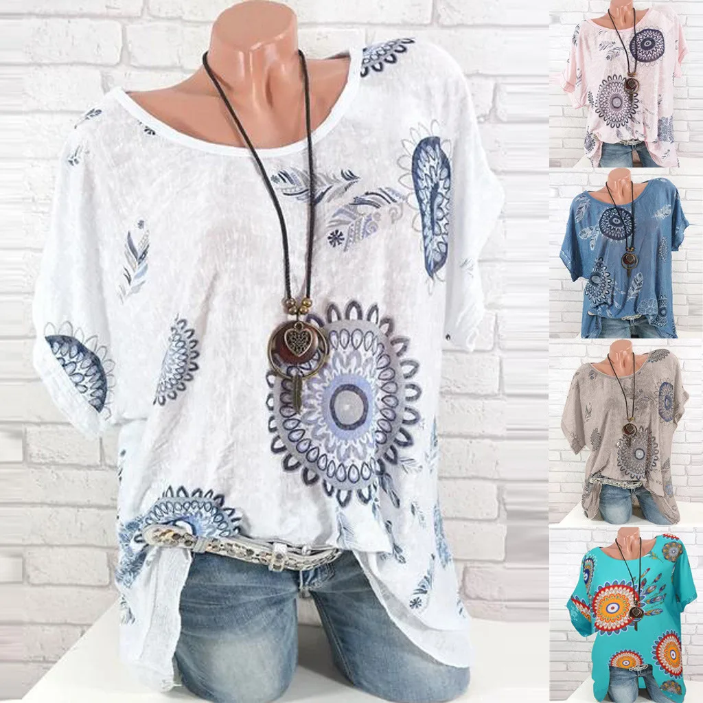 

Hot Sales blouse 2019 Women's Round Collar Printing Sequins Short Sleeve Tops Short Sleeve Women Plus Size Female Clothes#5