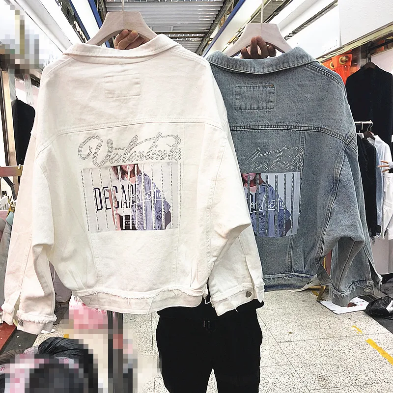

Harajuku Jean Jacket Womans Diamonds Print Lobg Sleeve Denim Jackets Outwear 2019 Spirng Autumn Female Cowboy Coat Streetwear