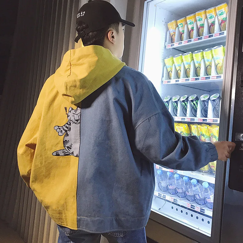 

Autumn Casual Men's Denim Jacket New S-2XL Patchwork Hooded Loose Animals Printed Shirt Jacket Pink Yellow Boys Personality Tops