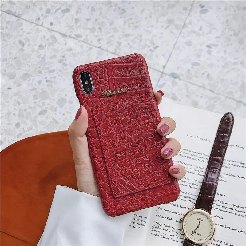 Crocodile skin phone case For iphone 6 6S 7 8 Plus XR X XS MAX case Leather shot Half pack slell holder Card Hard shell cover - Цвет: Красный