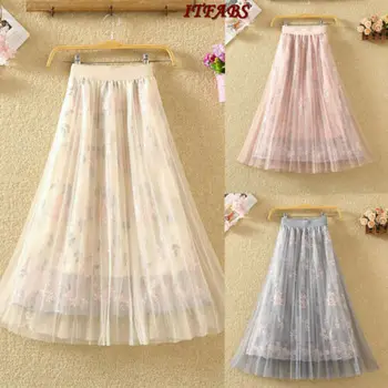 

Women Tutu Floral Printed Elegant Tulle Skirt Women High Waist Pleated Midi Skirts Summer Beach Sun Skirts 2019 New