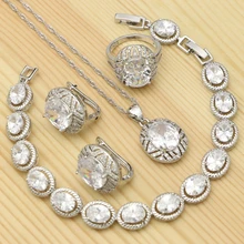 925 Серебряный Свадебный комплект ювелирных изделий белый кубический цирконий Кристалл кольцо браслет ожерелье Кулон Комплект сережек для женщин Свадьба