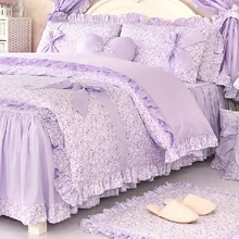 Романтический Фиолетовый Цветочный комплект постельных принадлежностей, две девушки Полный Королева Король хлопок рюшами Постельное белье Bedskirt подушку одеяла случае покрытия
