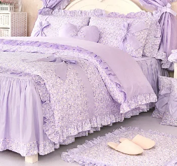 

Romantic purple floral bedding set,girls twin full queen king 100% cotton ruffle bedclothes bedskirt pillow case comforter cover