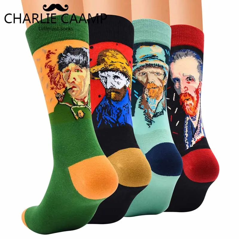 

Autumn Winter Men New Color Matching Retro Art Ink Painting Pattern Series Men Fashion Trend Harajuku Happy Cotton Socks F230