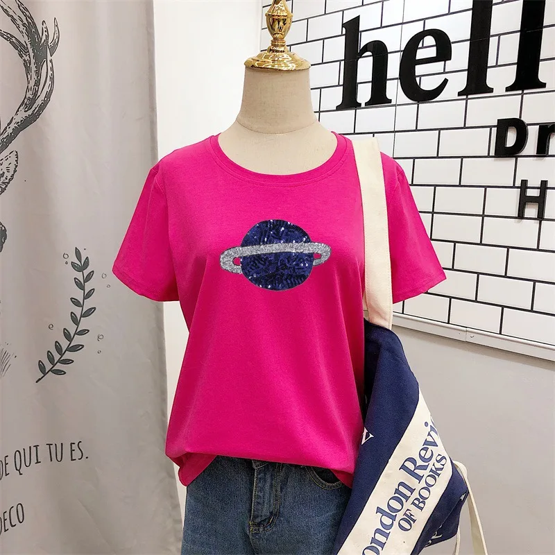 LAAMEI 2019 Summer New Fashion Planet Saturn Women Sequined T-Shirt Female Cotton Short Sleeve O-Neck Tops Tees Harajuku Tshirts LAAMEI 2019 Summer New Fashion Planet Saturn Women Sequined T-Shirt Female Cotton Short Sleeve O-Neck Tops Tees Harajuku Tshirts