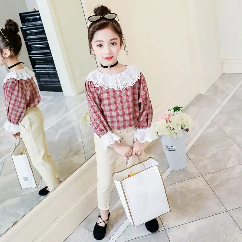 

New Spring Autumn Kids Girls Cotton 2Pcs Sets Children Girl Plaid Patchwork Tops+Solid Pencil Pants Suits Baby Girl Clothes T119