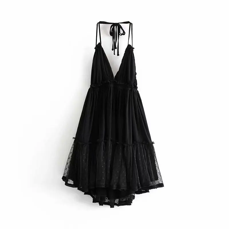 

New Style Women's Fashion Hippie Lace Stitching Deep V Sexy Halter Neck Boho Dress Backless Ruffle Party Midi Black Dresses S-L