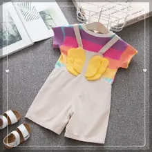 Новая летняя одежда для маленьких девочек хлопковый костюм из двух предметов в радужную полоску с крыльями, наряд короткий рукав, рубашка, штаны, комплект одежды