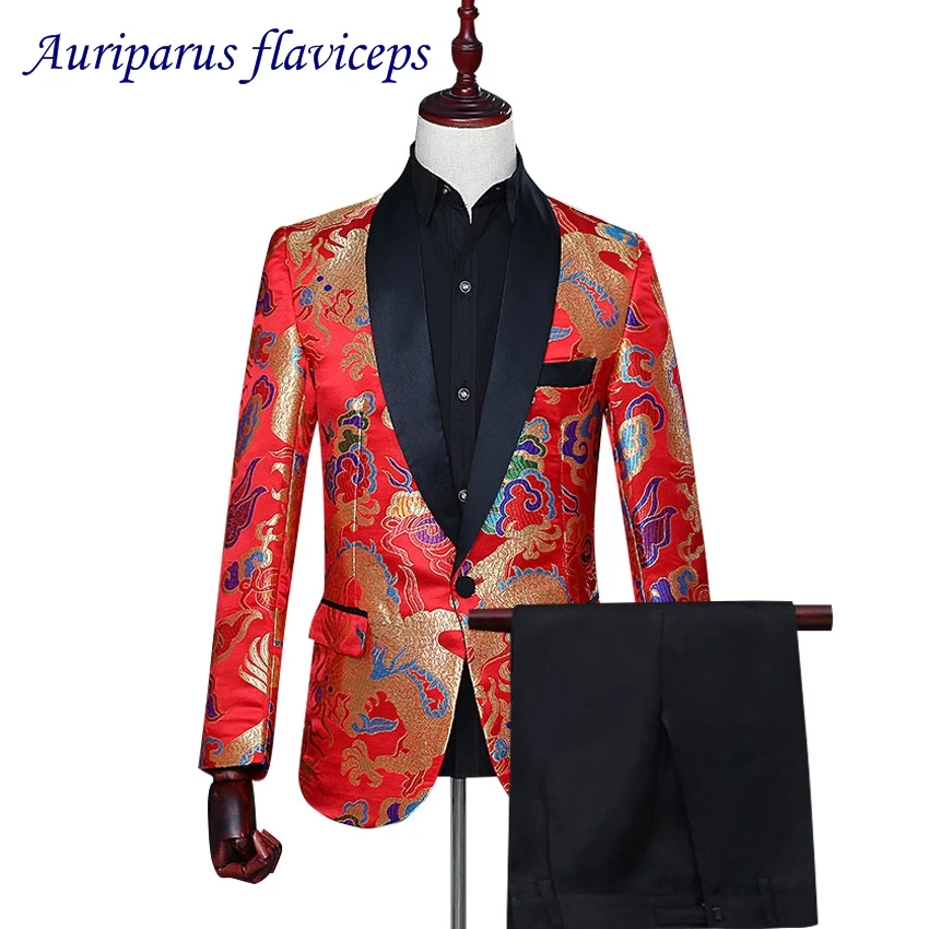Shawl Lapel Groom Tuxedos Tailor Groomsman Suit Red Animal Print Man