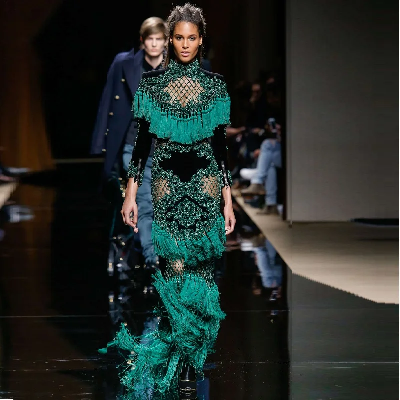 

2017 Luxcury Brand Clothing Green Tassel Long Sleeve Noble Women Dress Beading Maxi Design Gown Special Occasion Top Quality
