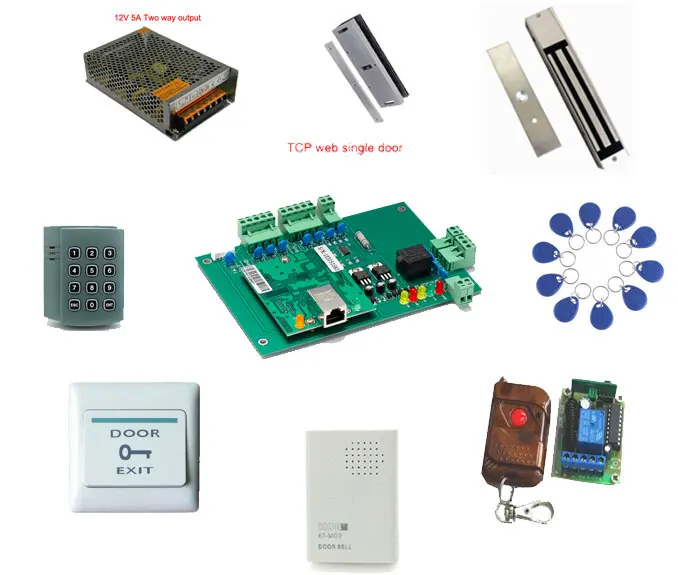 

Access control kit,web single door TCP/IP+reader+power+ magnetic lock+U+remote control +exit button +bell+10 em tags,sn:web-105