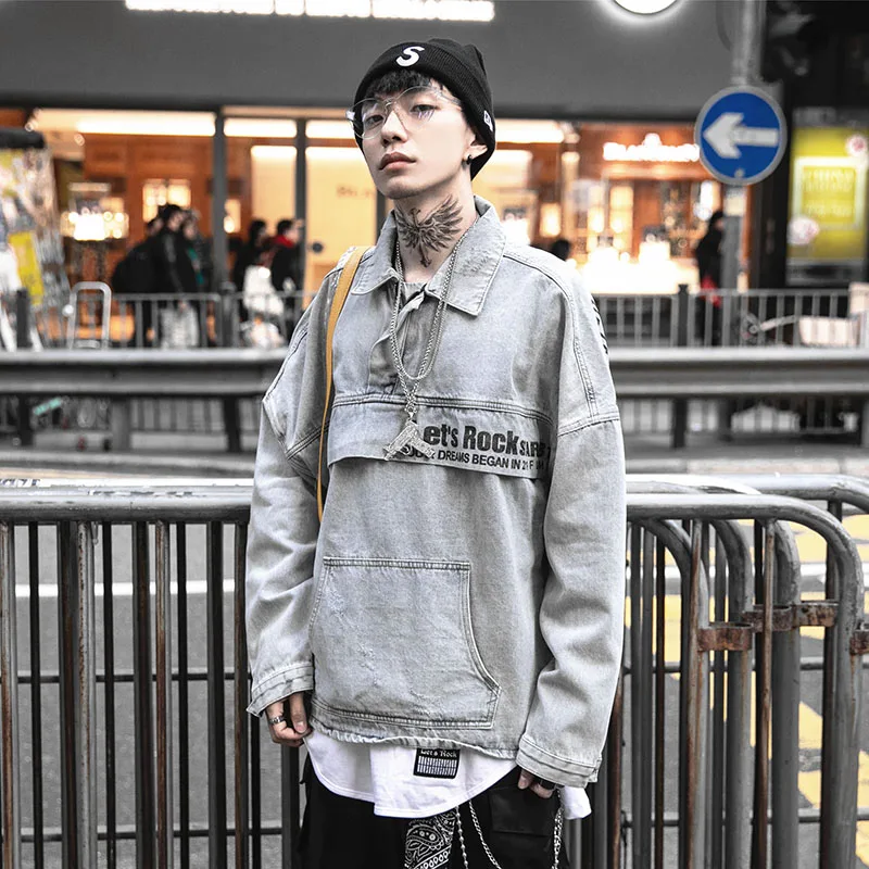 

Aolamegs Denim Jacket Men Printed Pocket Cowboy Men's Jacket Casual High Street Fashion Hip Hop Outwear Men Coat Streetwear