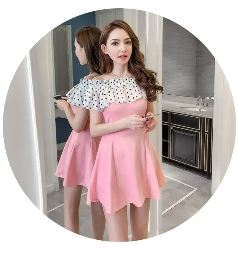 2018 New Arrivals  Summer  sexy dot dot shoulder stitching slim A short sleeved dress Free Shipping