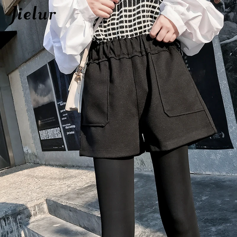 Jielur Winter Woolen Shorts Women 2019 New Korean Harajuku Loose High Waist Wide Leg Shorts M-XXL Black Dark Gray Short Feminino
