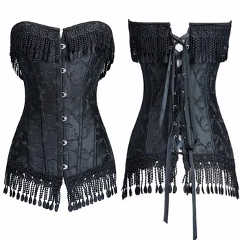 

Elegant Women Gothic Clothing Steampunk Brocade Corsets Tassel Boned Overbust Bustier Plus Size Slim Body Shaper Black White