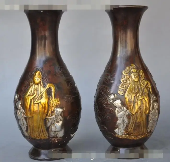 

S03982 8"tibet bronze gilt silver Bodhisattva Kwan-Yin SongZi statue pair Pot Vase Jar (B0413)
