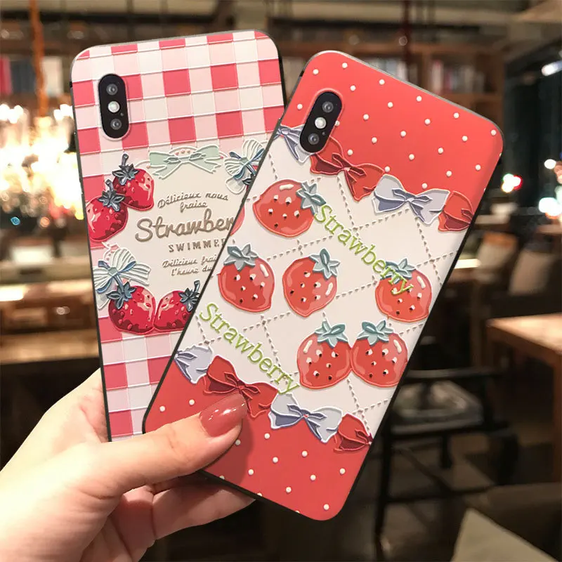 

JIBAN Plaid Strawberry Phone Cases For Vivo Z3i X27pro X9plus Embossed Protective Cover For Samsung S10plus C9pro S10 Wholesale