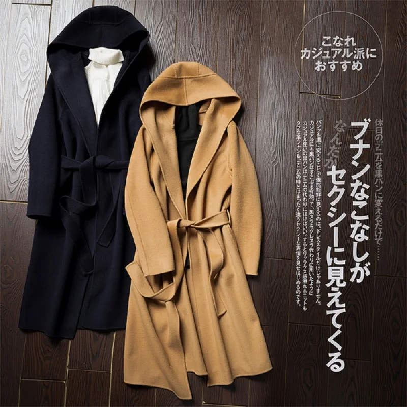 

JECH 2017 Popular Fashion Casual Winter Long Women Coat with Belt Cashmere Coat Female Hooded Wool Women Coat Top Grade Coat