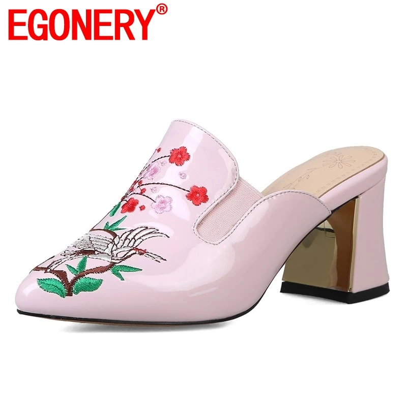 

EGONERY shoes woman summer new fashion sexy embroider pointed toe woman slippers outside high square heel plus size ladies shoes