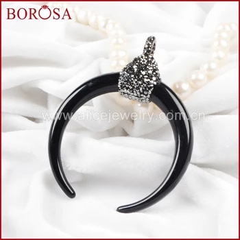 

BOROSA New arrival Druzy Jewelry 10pcs Big Size Silver Color Tribal Ox Horn Black Crystal Druzy Pendant Paved Zircon JAB271