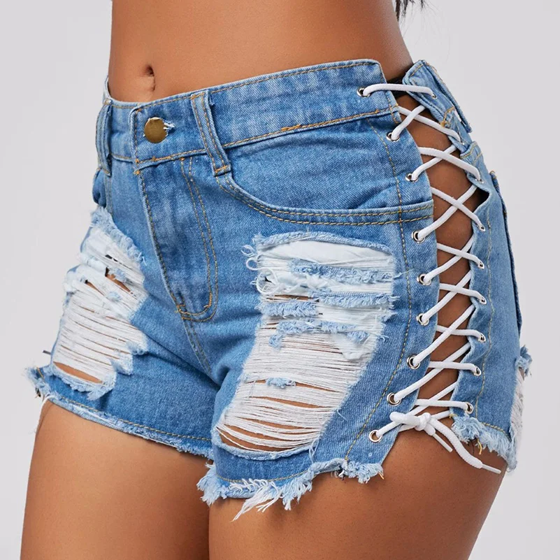 

Sexy Summer Women Denim Shorts 2018 New Black Blue High Waist Ripped Short Jeans Femme Tassel Lace Up Bandage Hotpants Solid
