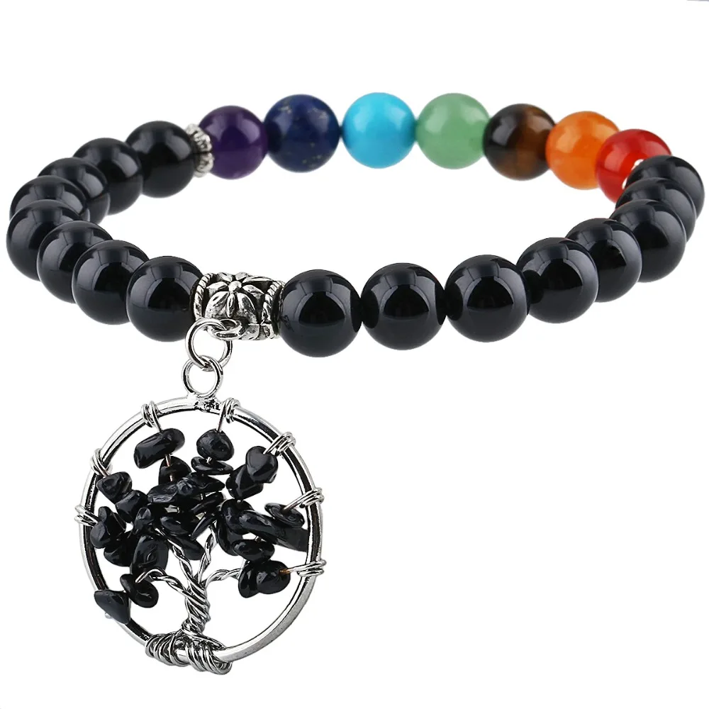 SUNYIK 8mm Black Obsidian 7 Chakra Beads Bracelet Tree of Life Dangle
