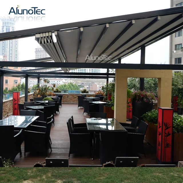 Motorized Waterproof PVC Retractable Roof Pergola 4m Width X 4m Motorized Waterproof PVC Retractable Roof Pergola 4m width x 4m projection x 3m height. Price: - Motorized Waterproof PVC Retractable Roof Pergola 4m Width X 4m