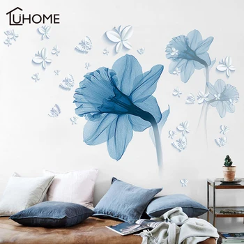 

Blue Flower Wall Stickers Art Decal Bedroom Living Room DIY Removable PVC Wallpaper Beautiful Home Decorations Stickers Decals