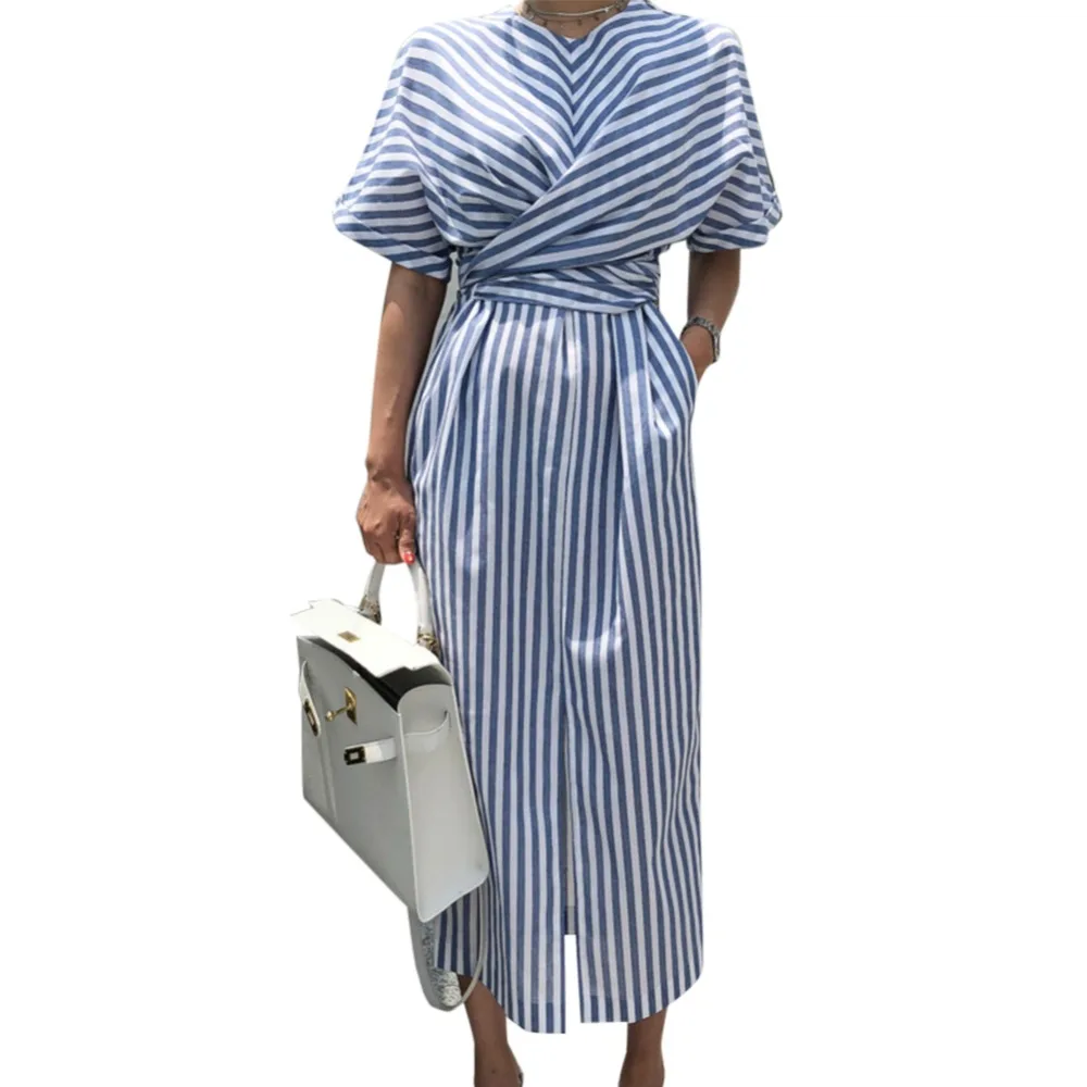 

Korean Women Summer Cotton Blue Striped Bandage Split Long Dress Female Long Bodycon Girls Dress