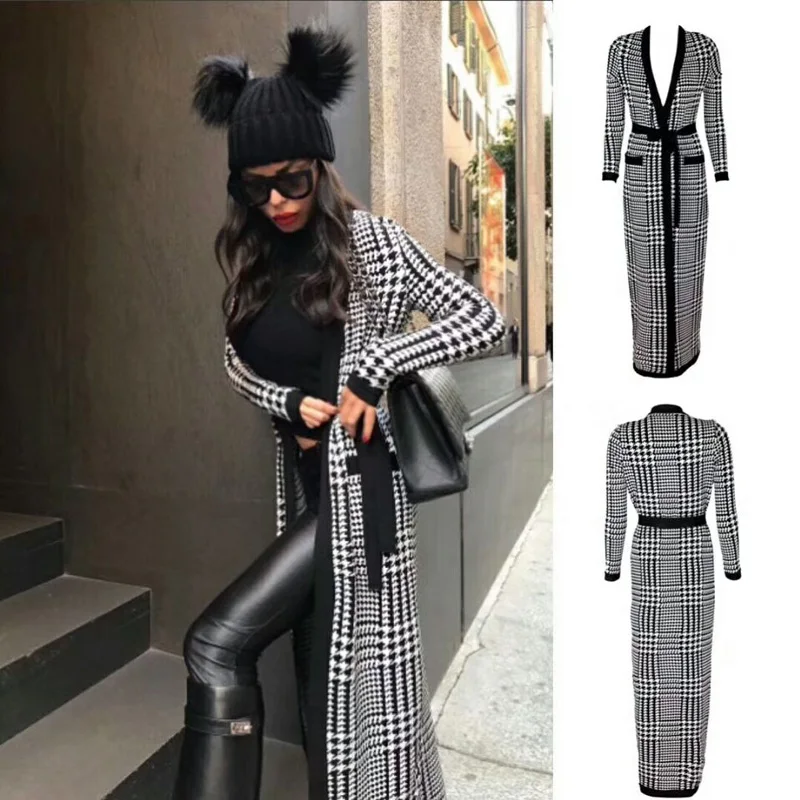 2018 New Style Fashion Black And White Plaid Celebrity Long Coat Jacket Winter Elegant Long Sleeve Female Casual Coats Outerwear