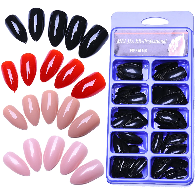  100pc Stiletto False Nails Pointed Sharp Candy Black Purple Fake Nails Easy Remove Full Cover Mediu
