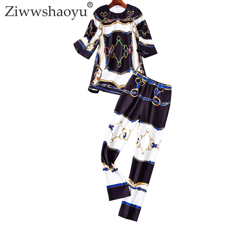 Ziwwshaoyu с винтажным принтом комплекты с круглым вырезом Бисер алмаз топ+ эластичный пояс Империя полной длины набор весной и летом новые женские