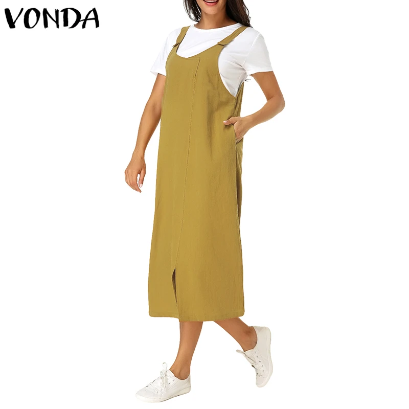 VONDA, женское винтажное Хлопковое платье, лето-осень, женское повседневное Свободное платье с v-образным вырезом, без рукавов, до середины икры, с разрезом, с карманами, одноцветное, Vestidos